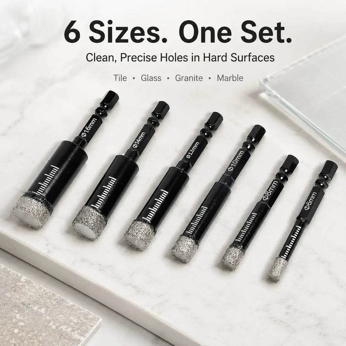 🎉HOST SALE 49% OFF-6 Pcs Diamond Drill Bits Set, 1/4 5/6 3/8 1/2 Inch Brazed Diamond Drill Bits for Precision Drilling in Tile Ceramic Glass Granite Marble Masonry