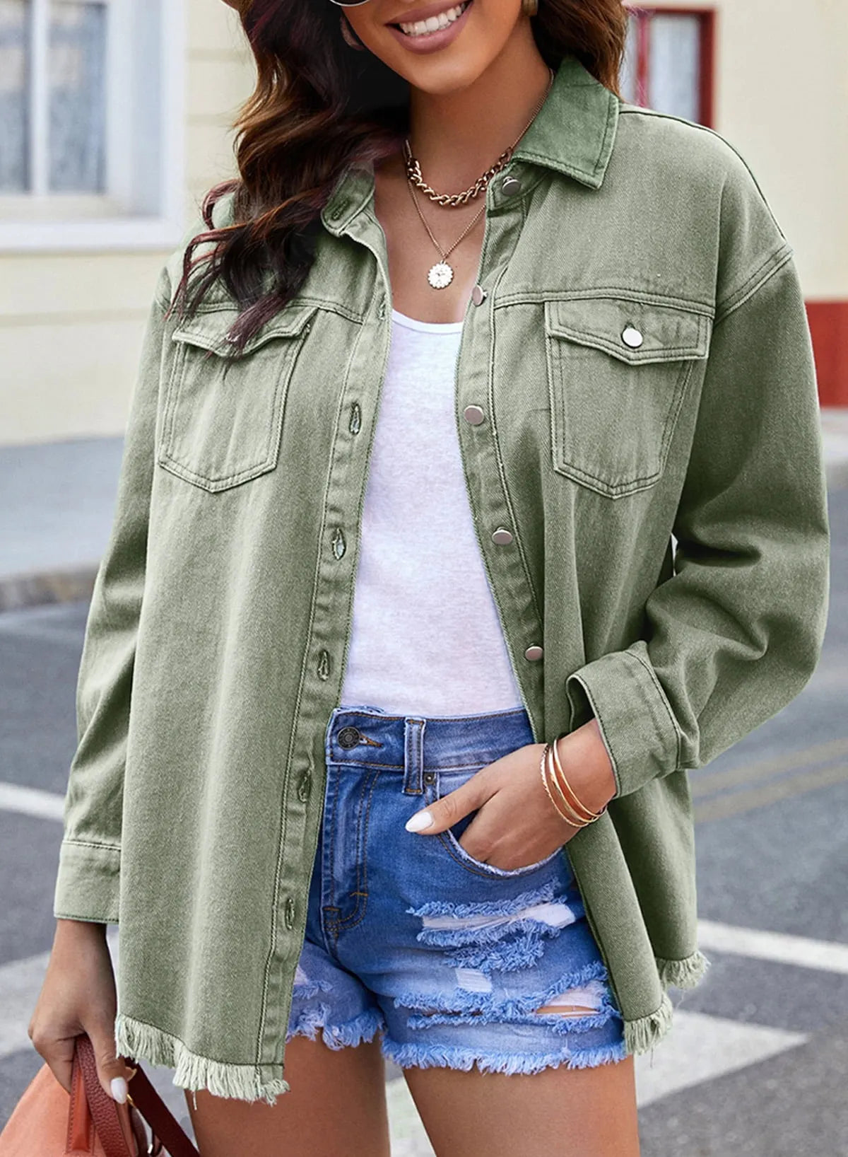 WOMEN'S CASUAL DENIM BUTTON DOWN DISTRESSED JACKET