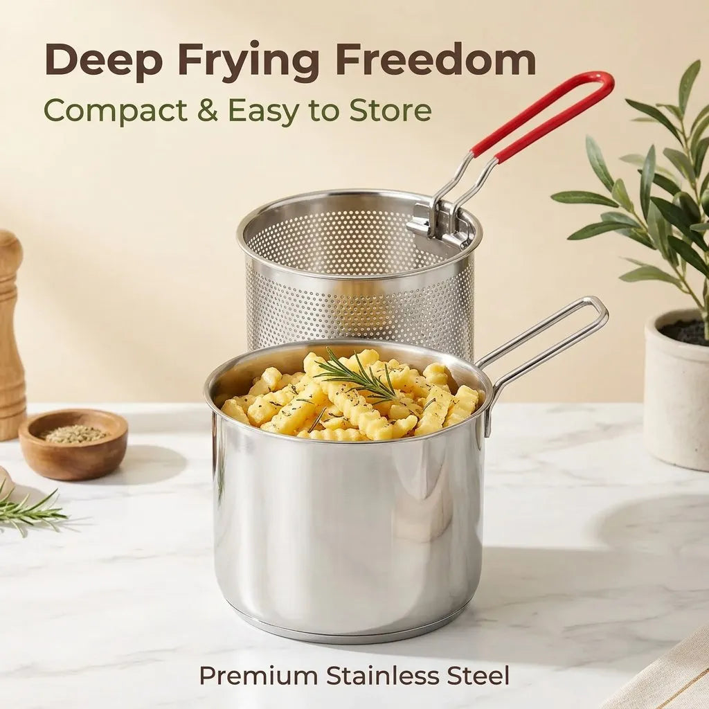 🔥HOT SALE🔥💥🏆49% OFF🔥Compact Fry Pot with Filter Basket – Stainless Steel, Complete Accessory Kit