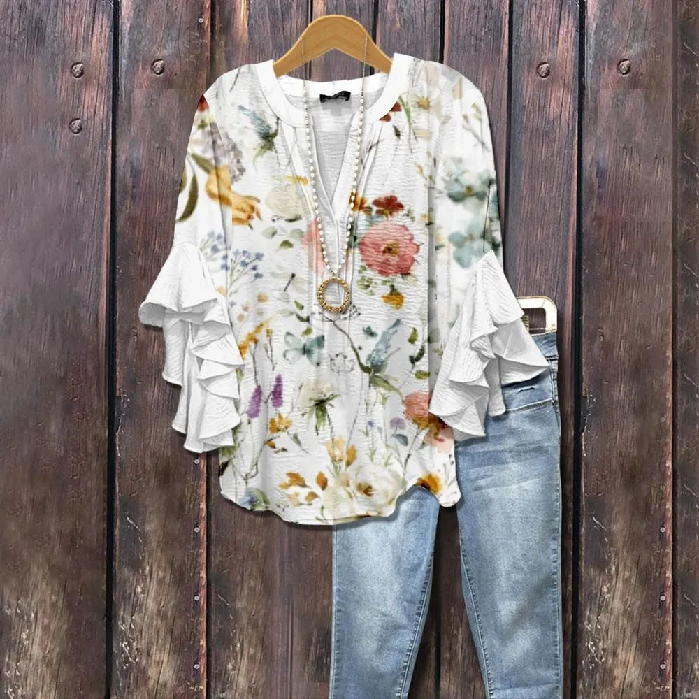 Floral Print Ruffle Bell Sleeve Top