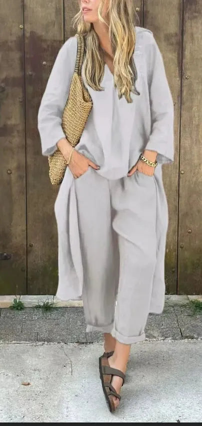 Women’s Summer Loose 2-Piece Set with V-Neck and Pockets