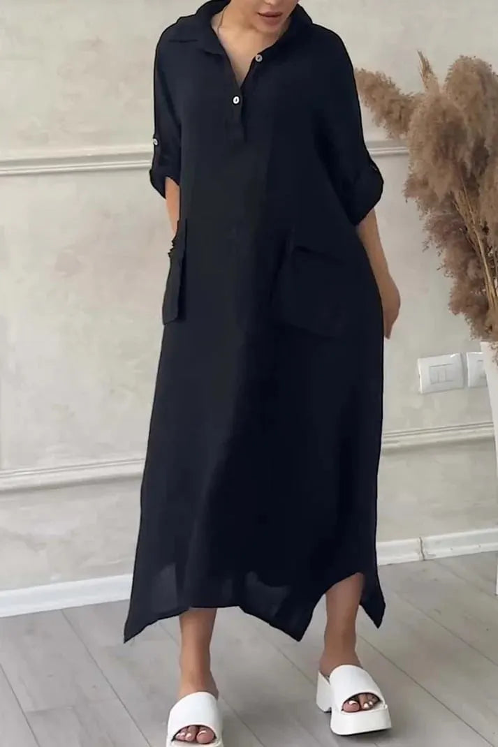 Women's Cotton Linen Casual Lapel Pockets Long Dress (Buy 2 Free Shipping)