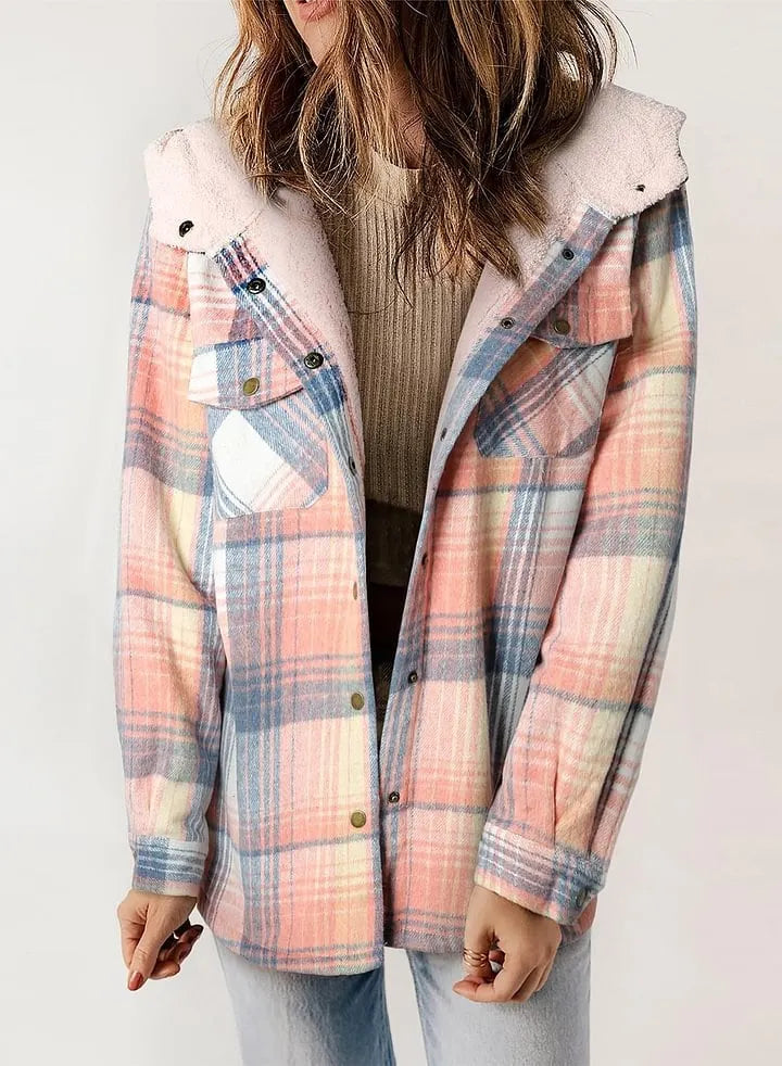 ⏰HOT SALE-WOMEN'S THICKENED FLANNEL LONG SLEEVE PLAID JACKET COAT WITH HOOD