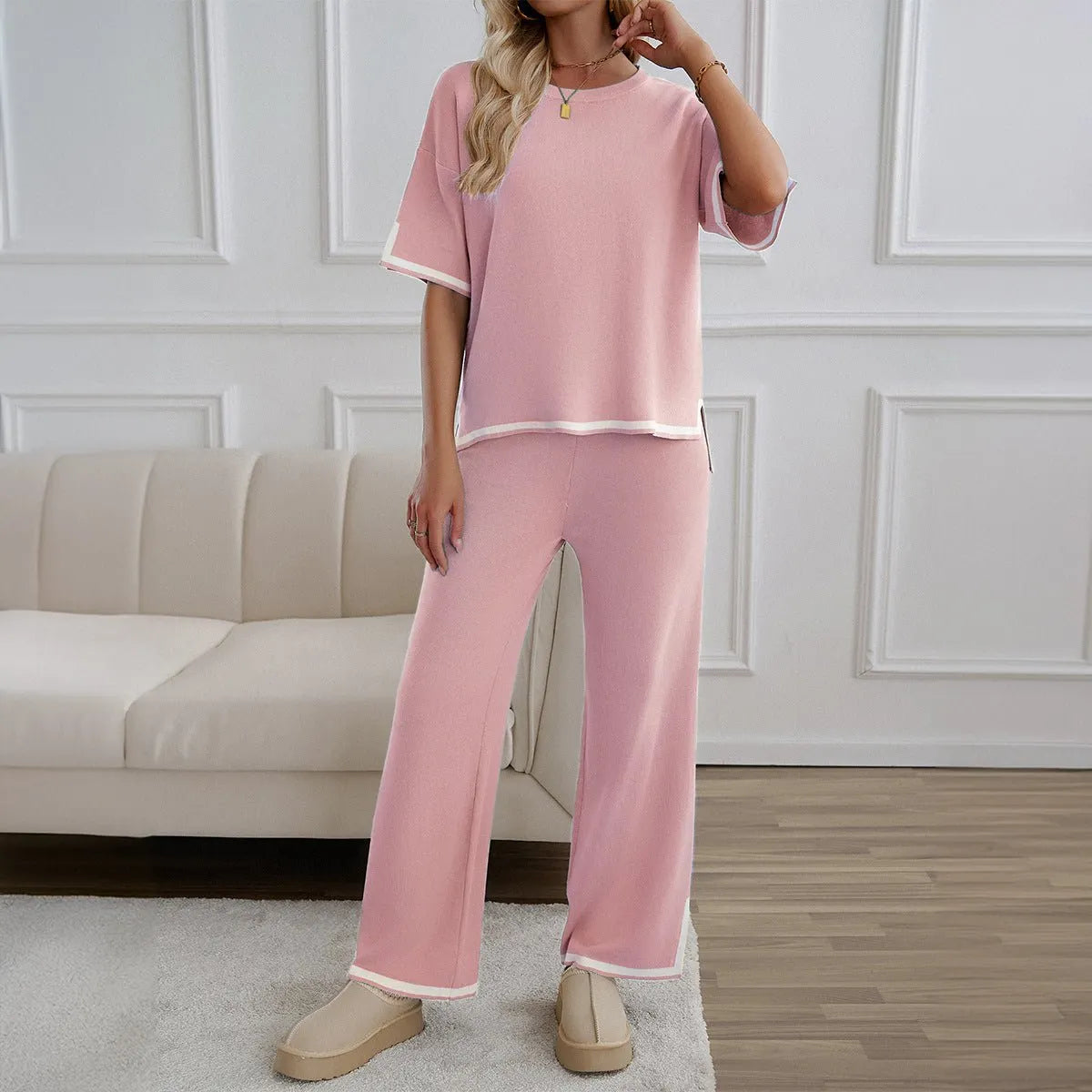 Chic Short Sleeve Knitted Pants Set