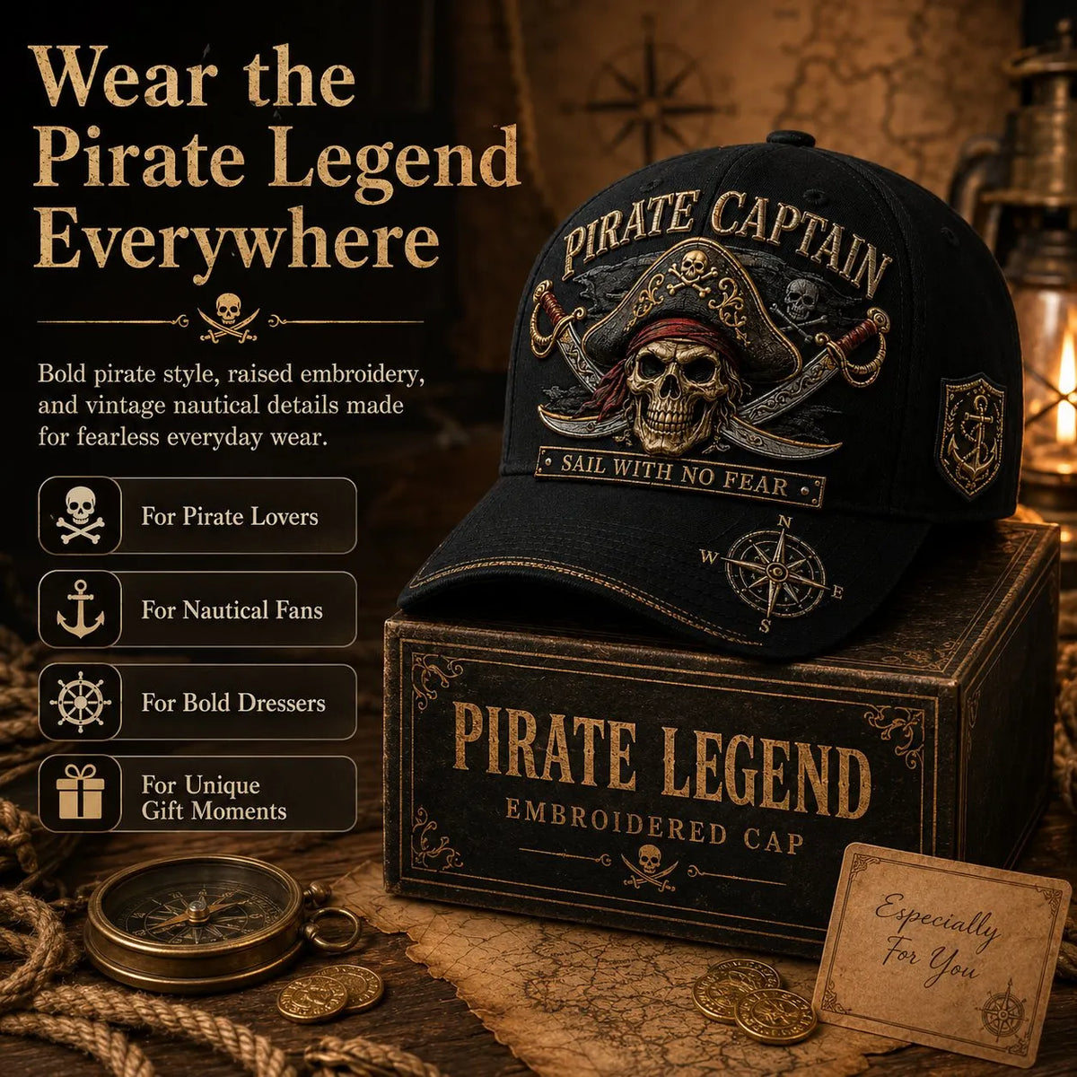 🏴‍☠️ Pirate Legend Embroidered Baseball Cap | Vintage Nautical Skull Adjustable Hat for Halloween, Travel & Everyday Wear