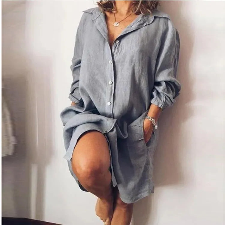 Cotton-linen mid-length long-sleeve solid color cardigan