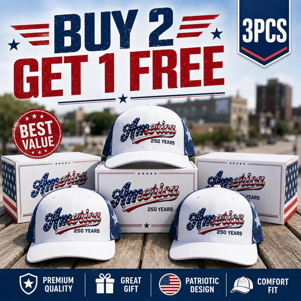 ❤️ 🇺🇸 America 250 Years Patriotic Embroidered Mesh Trucker Cap
