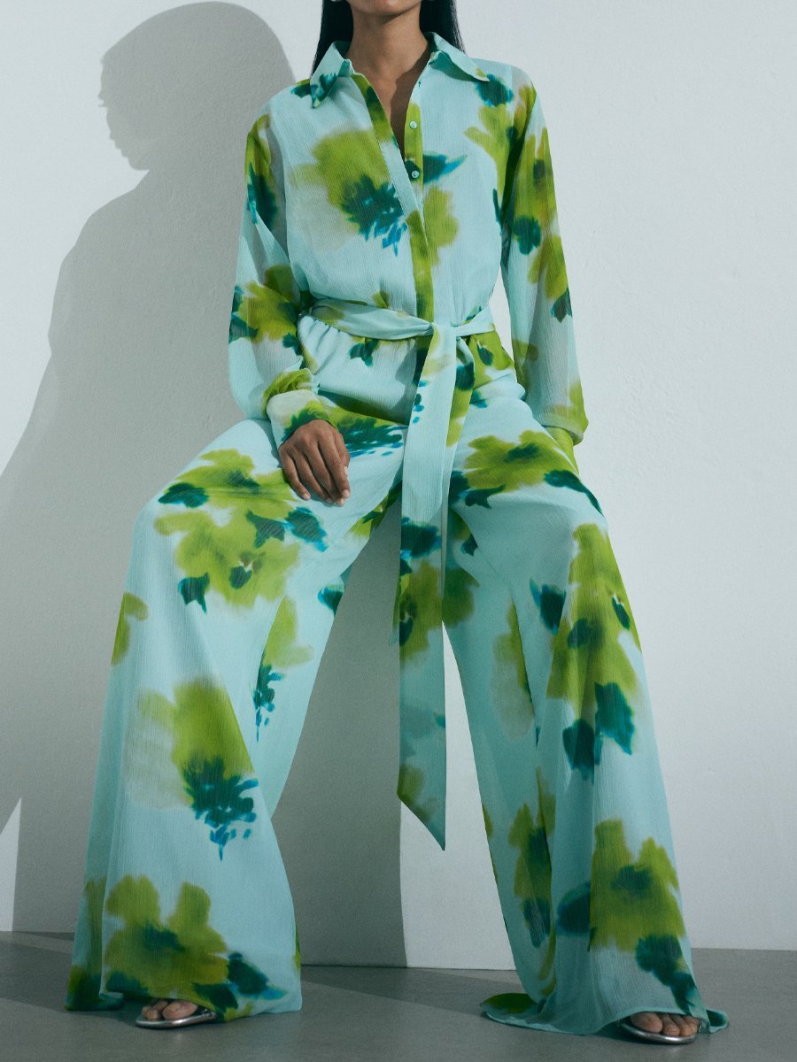 Women's Casual Printed Long Sleeve Belt Jumpsuit