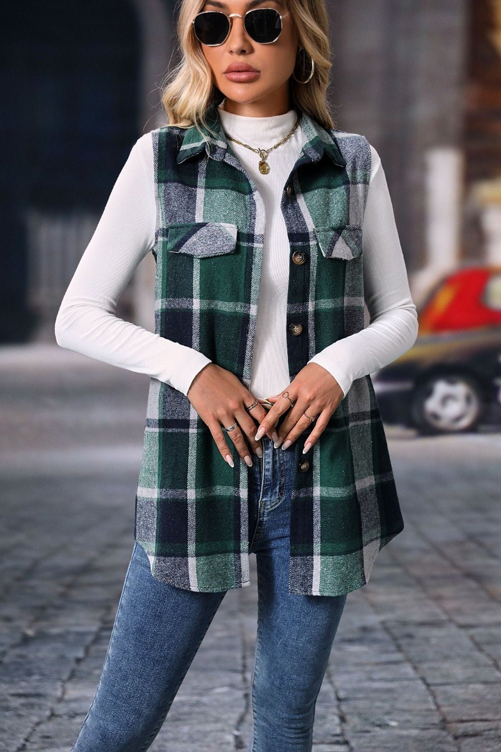 Women's Plaid Print Button Front Vest Coat