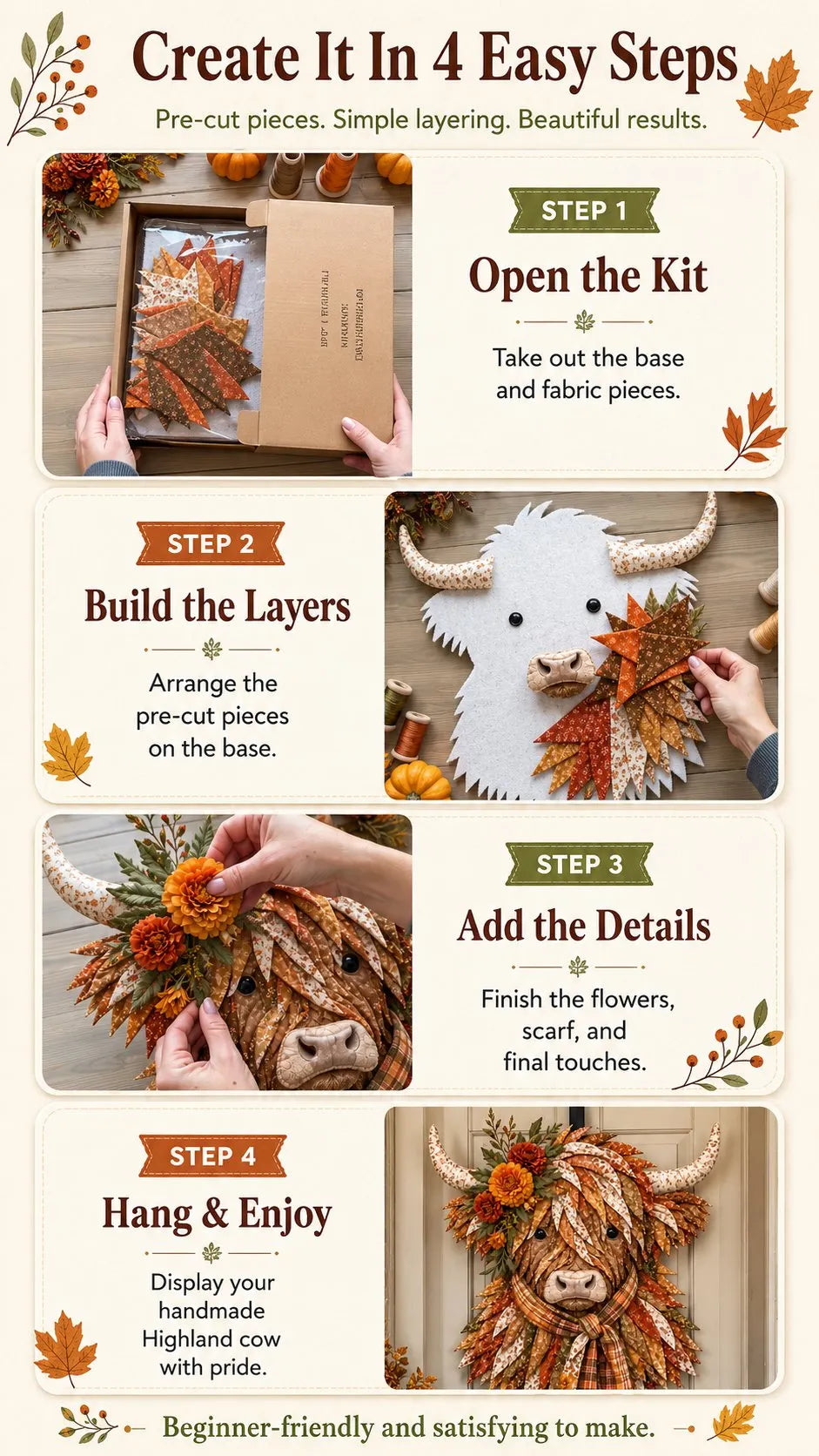 ⏳LAST DAY 49% OFF - 🐮💐🌸 Birth Flower Highland Cow 3D Layered Fabric Art DIY Kit | Complete Kit Included ✂️ Pre-Cut Pieces • Glue or Stitch Your Way • Create a Cozy 3D Highland Cow Decor 💕