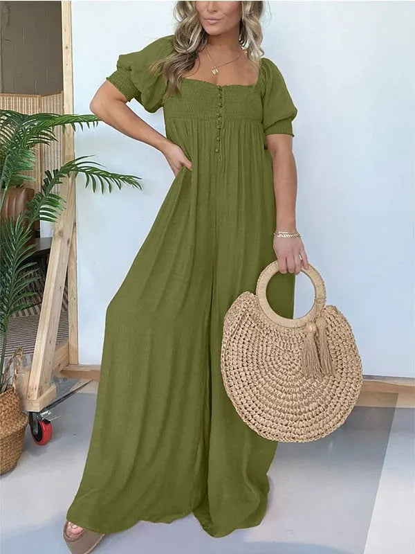 New Square Neckline Jumpsuit with Smocked Bodice Button (Buy 2 Free Shipping)