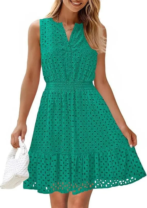 Sleeveless Dress with V-Neck, Hollow Out Eyelet and High Waist