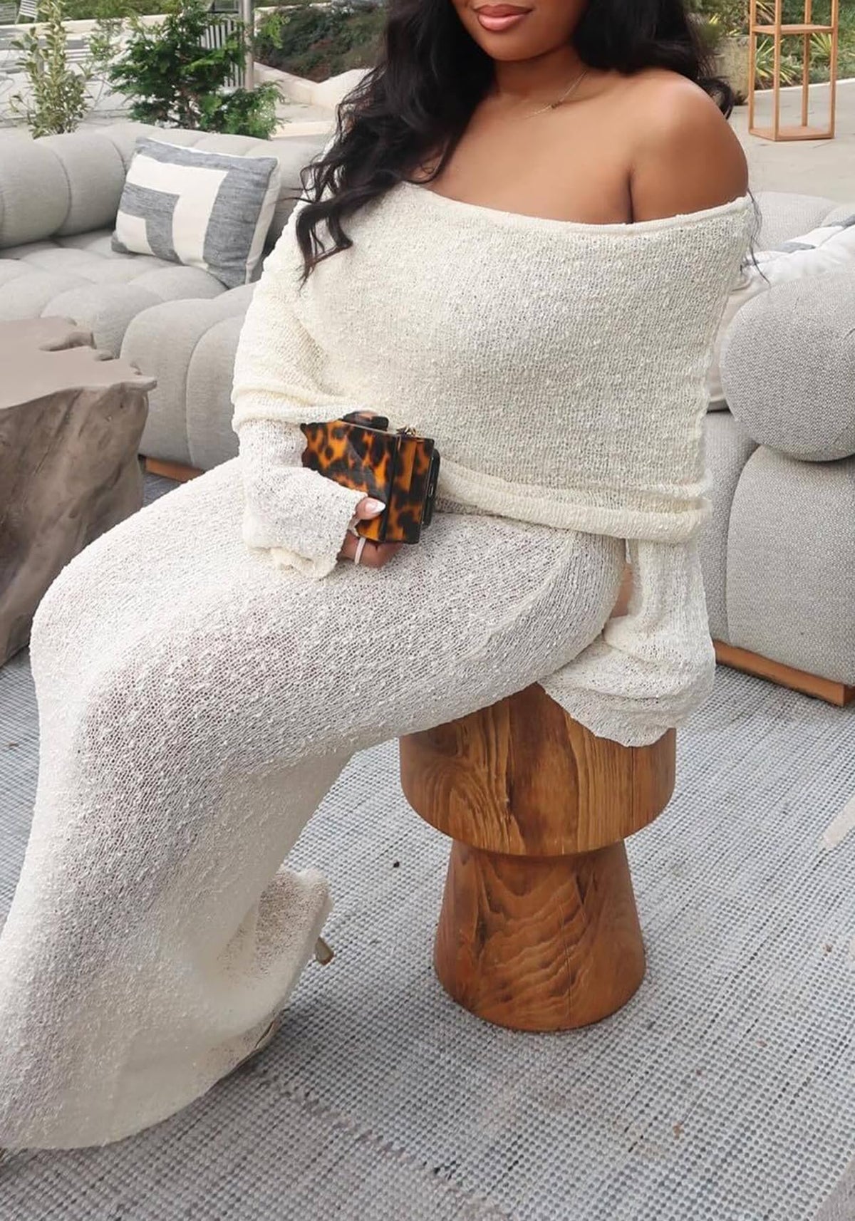 Off Shoulder Stretchy Mesh Knit Maxi Dress