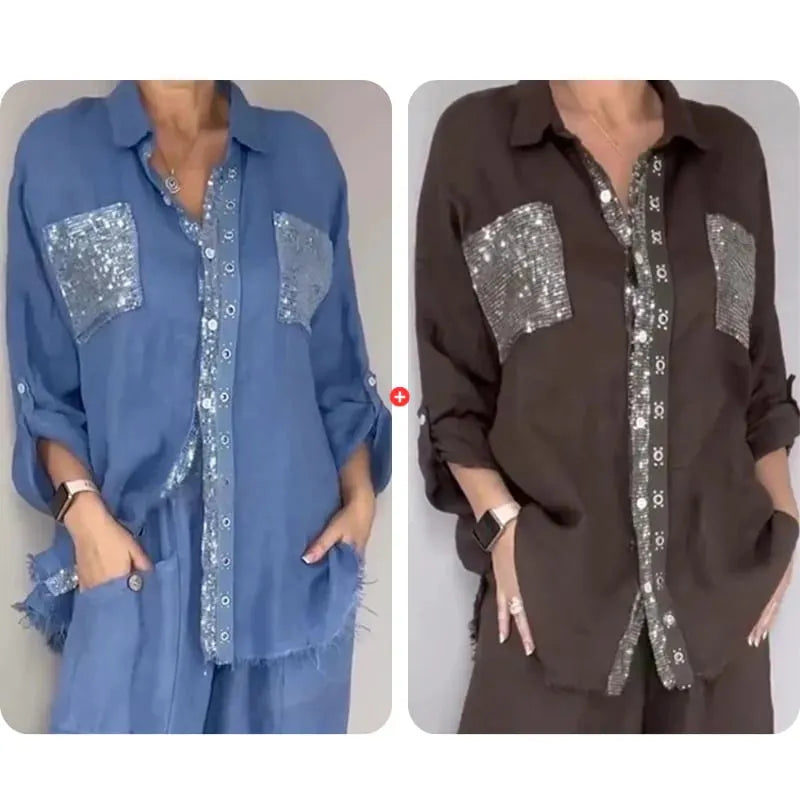 🎉Women's Sequin Shirt & Wide-Leg Pants Set