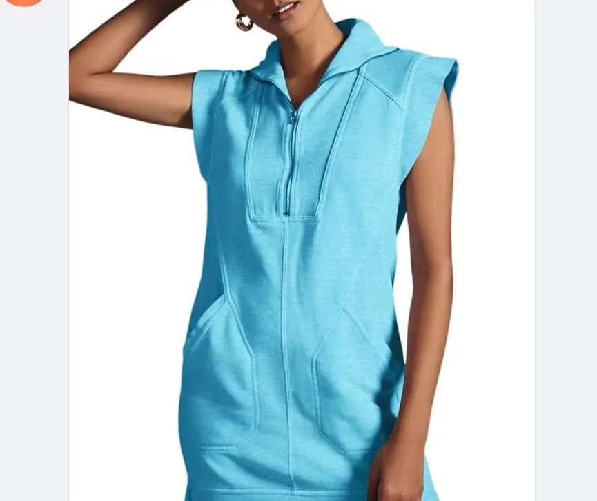 Women's Half-Zip Sports Sleeveless Pullover Waist-Tied Dress