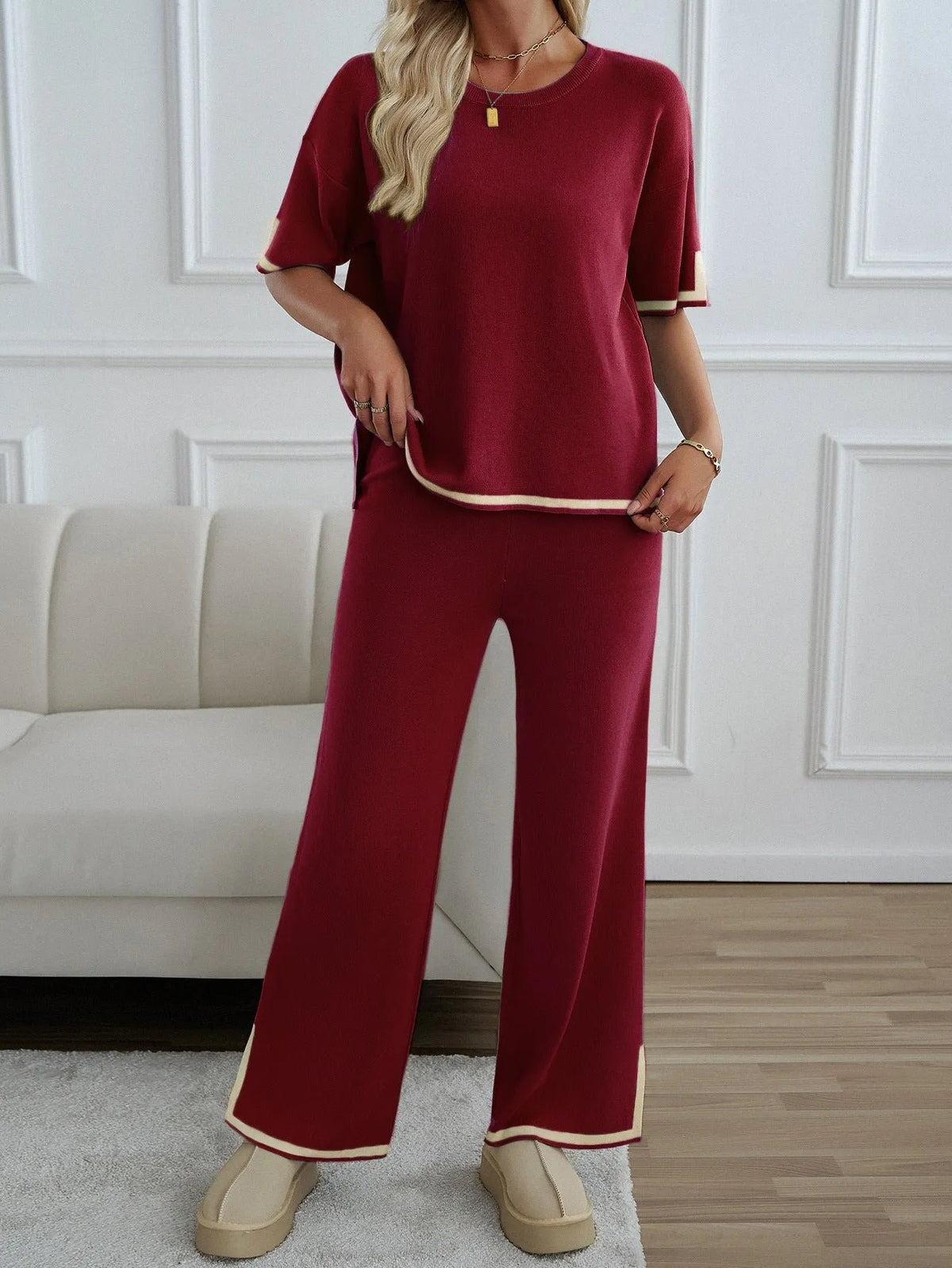 Chic Short Sleeve Knitted Pants Set