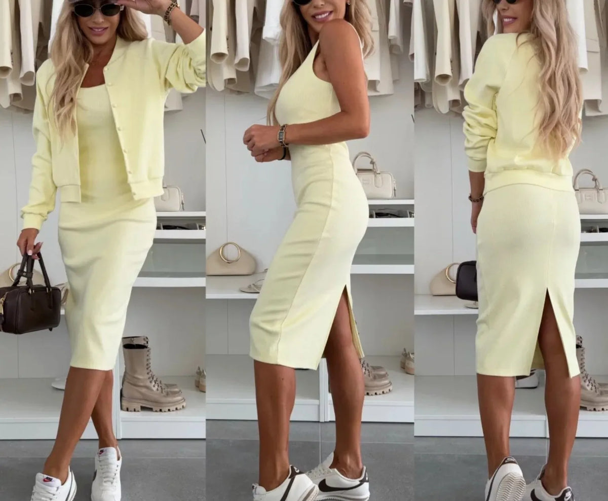 Women's U-neck Dress + Sweater Cardigan Casual Suit
