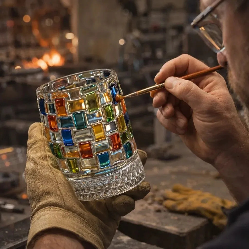 🔥HOT SALE🔥Hand-Painted Embossed Rotating Whiskey Glass – Minimal Luxury Crystal Tumbler with Smooth Spin Design