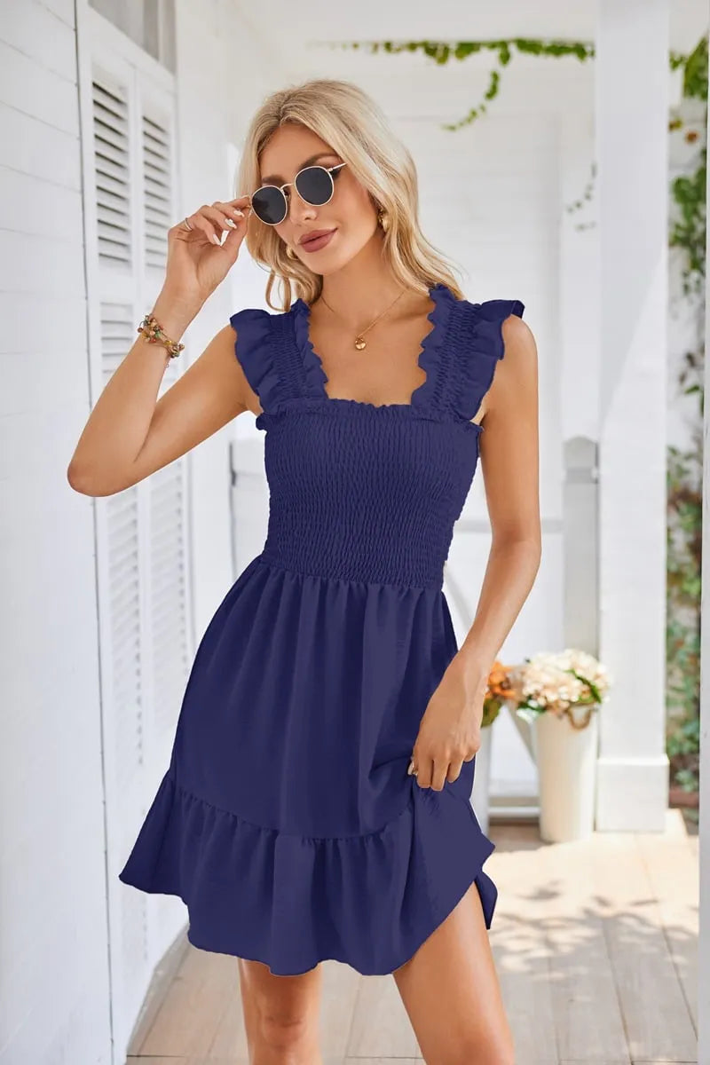 Summer Casual Sleeveless Square Neck Smocked Ruffle Backless Beach Dress