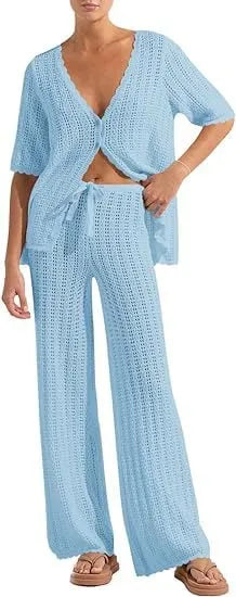 Women's Summer 2-Piece Swimsuit Coverup Crochet Knit Cardigan Tops Long Pants Set Bathing Suit Beach Outfit