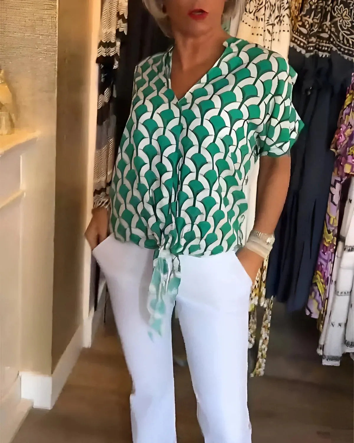 Talendra - Casual Top With Print In V-Neck