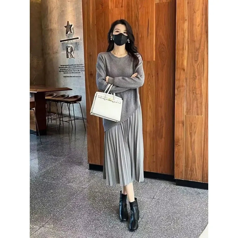 Layered Patch Knit Pleated Dress (FREE SHIPPING)