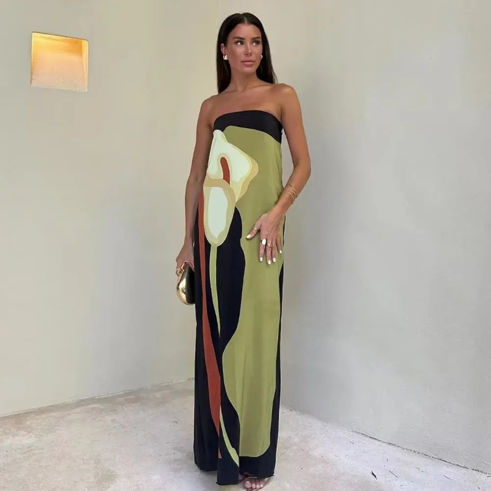 Abstract Floral Print Elasticated Off Shoulder Vacation Loose Maxi Dress