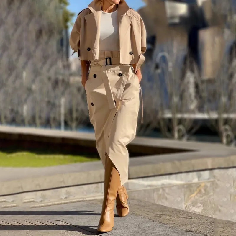 Women's Versatile Casual Work Wear Temperament Button Belt Skirt Set