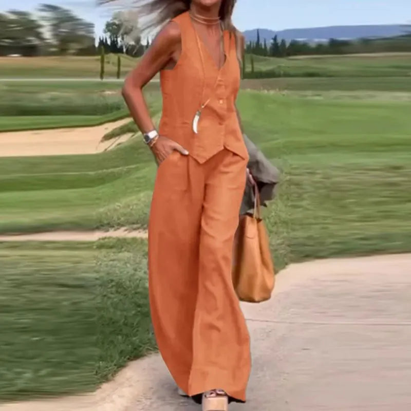 💕Button Down Vest and Wide Leg Pants 2 Piece Set (Buy 2 Sets Free Shipping)