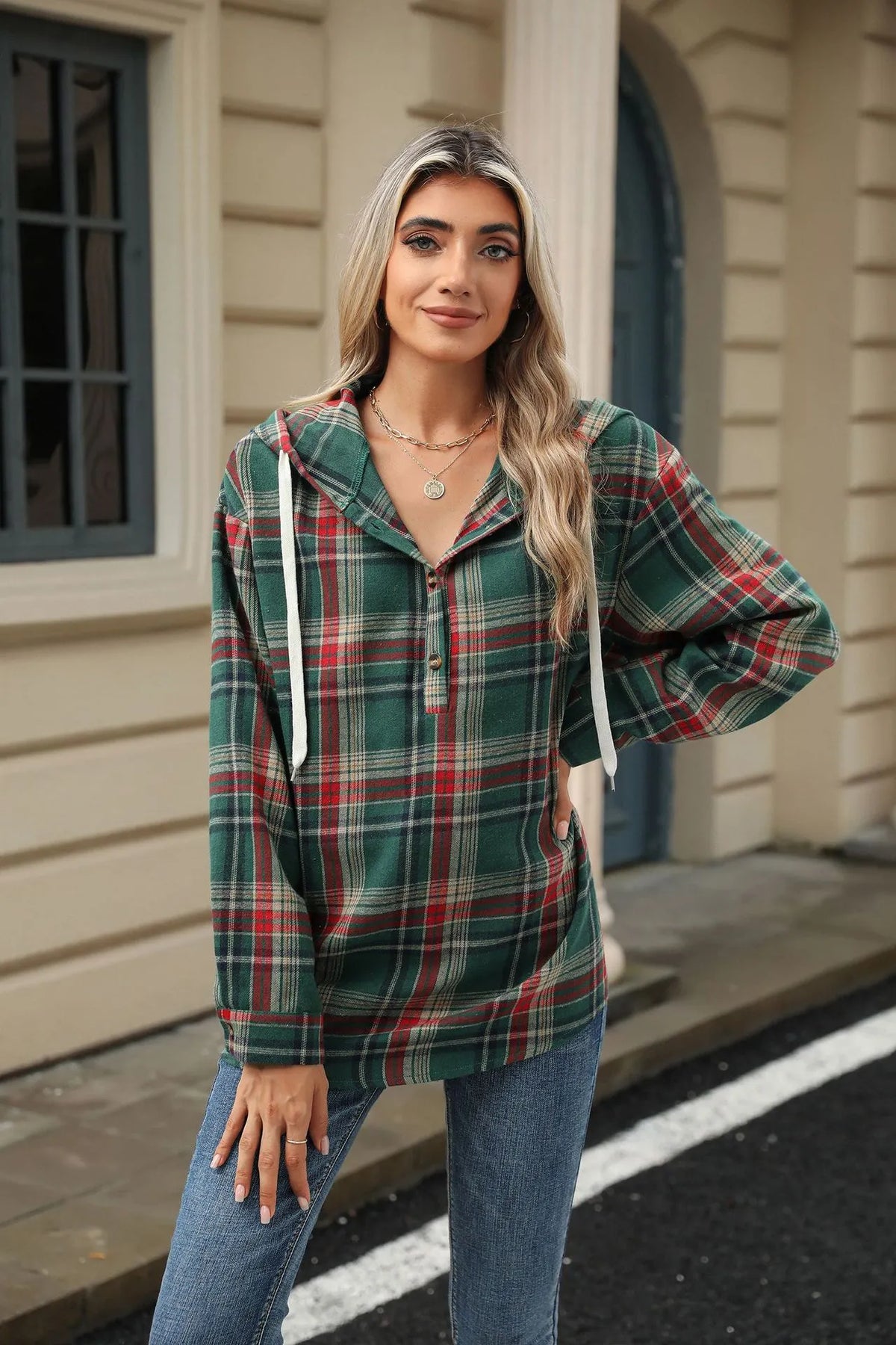 Women Autumn Winter Loose Long Sleeve Hooded Button Plaid Coat