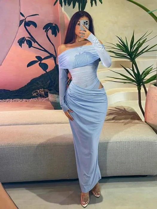 Women's Plain Off Shoulder Ruched Sheer Mesh Dress