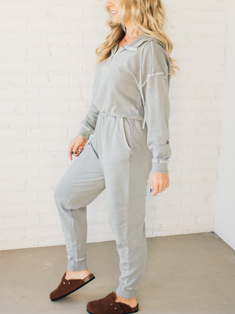French Terry Drawstring Hooded Jumpsuit (Buy 2 Free Shipping)