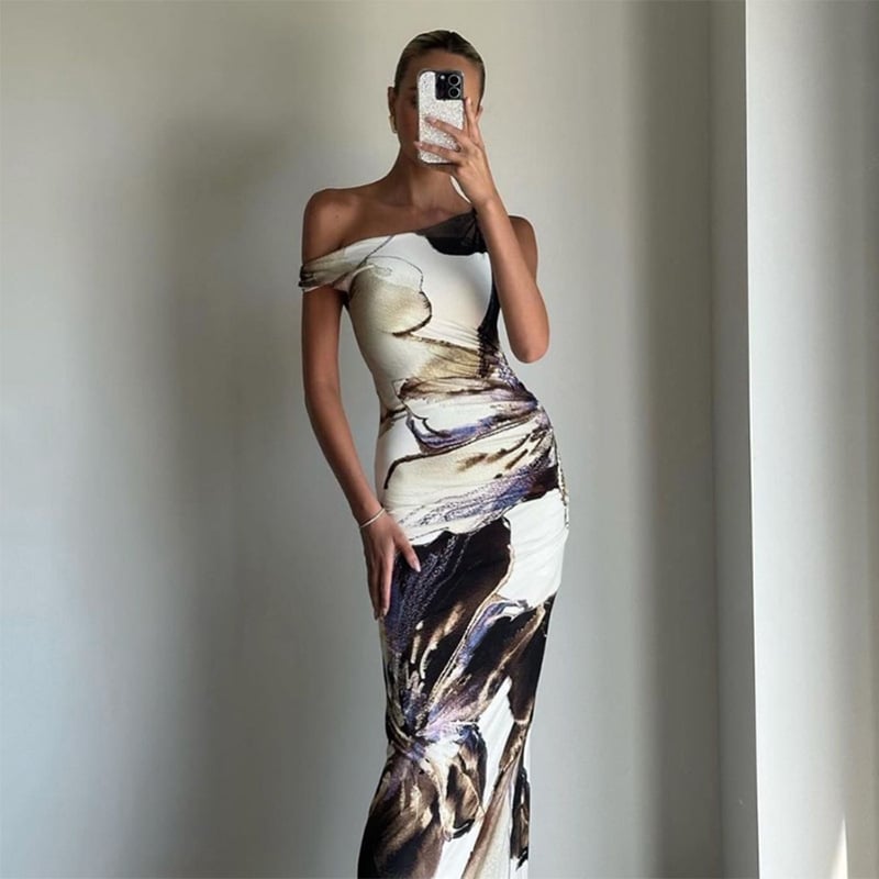 Elegant Off-Shoulder Slim Print Dress