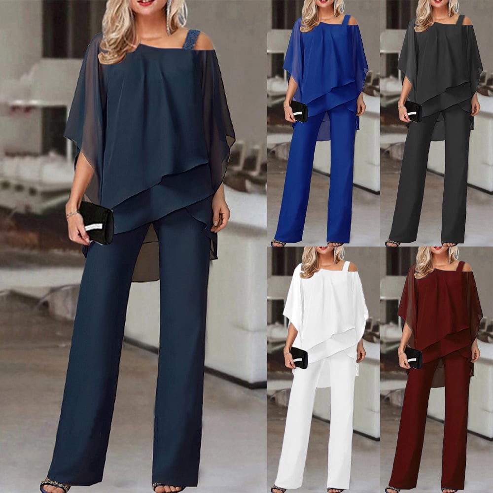 🎉Elegant Layered Chiffon Top & Wide-Leg Pants Set