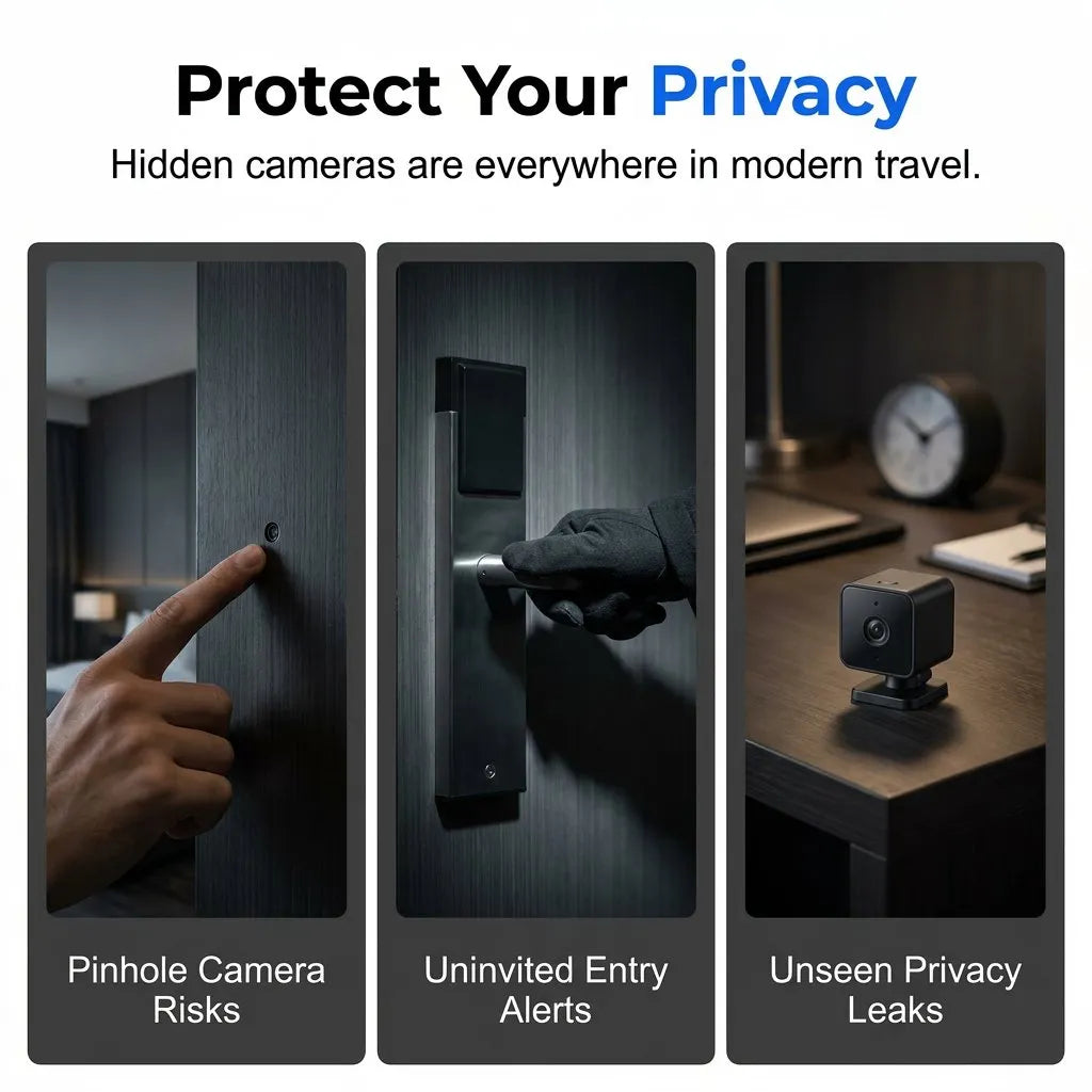 🔥HOT SALE🔥Smart Anti-Spy Hidden Camera Detector – Portable Infrared Anti-Peeping Pin-Hole Lens Finder with Motion Vibration Door Alarm & LED Flashlight, Travel Security Device for Hotel, Airbnb, Bathroom