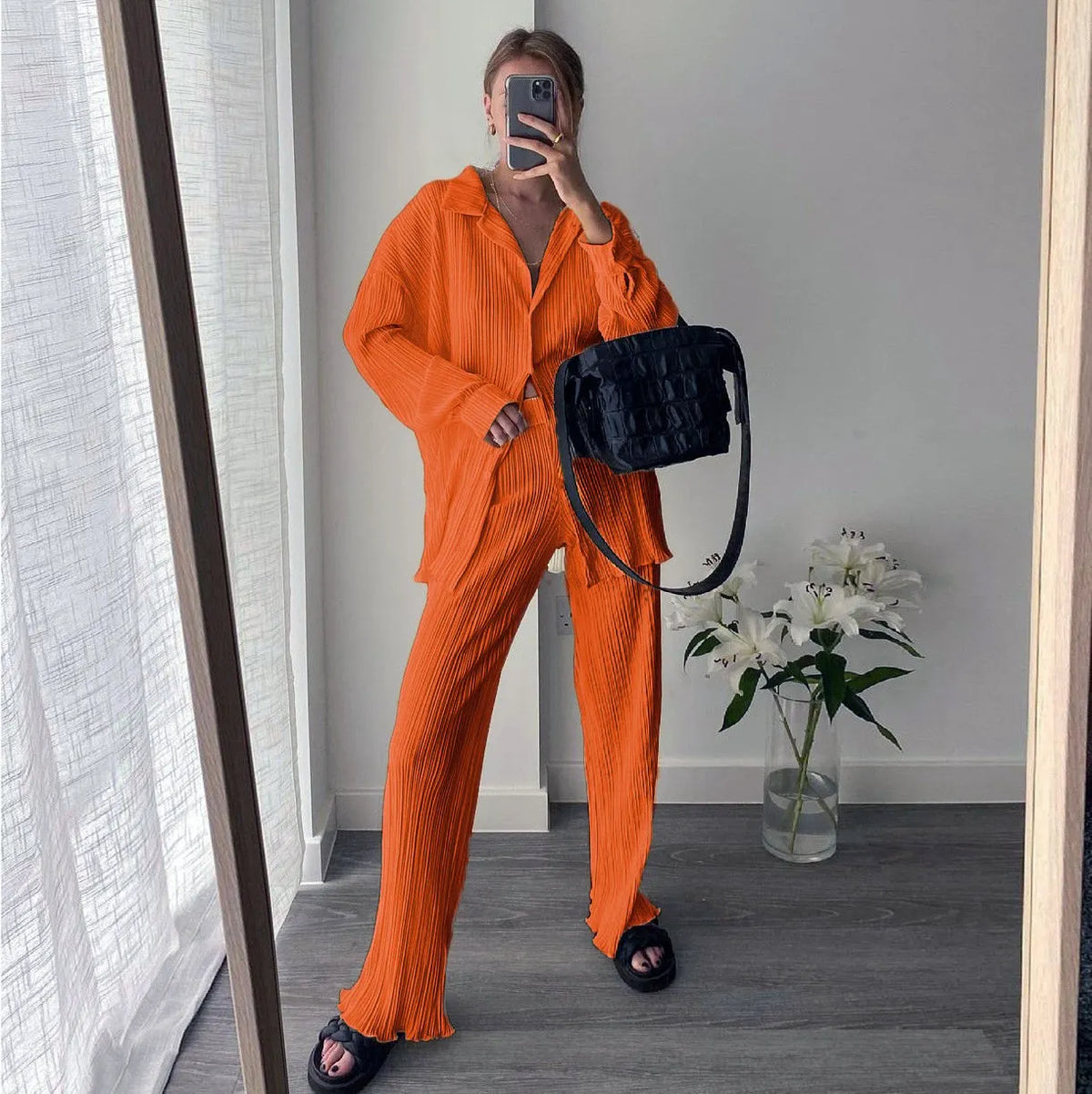 Oversized Leisure Pleat Pockets Two Piece Pants Set