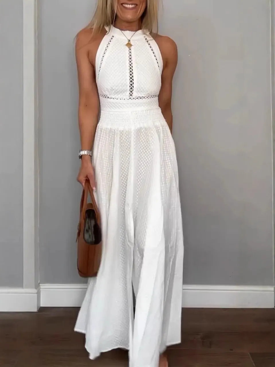 Women's Round Neck Sleeveless Hollow Back Tie Holiday Dress