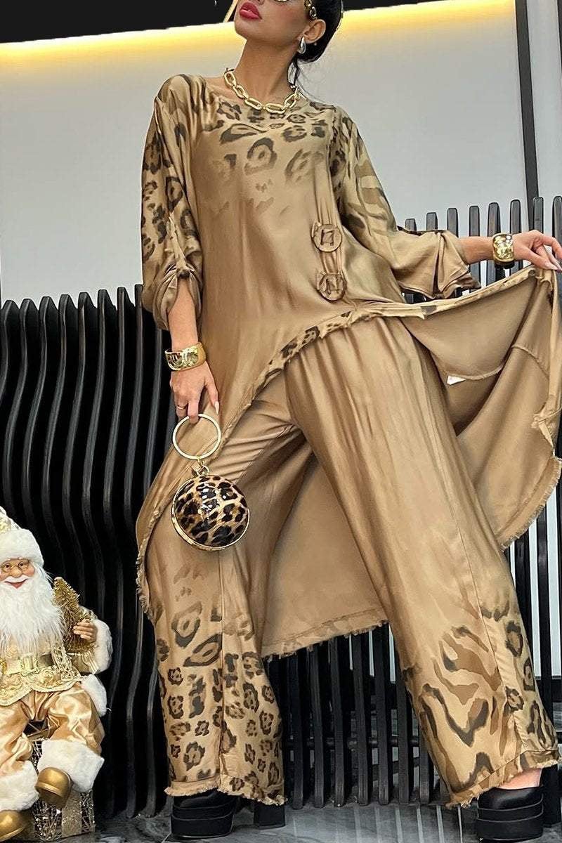 Women's Round Neck Irregular Leopard Print Gradient Casual Suit