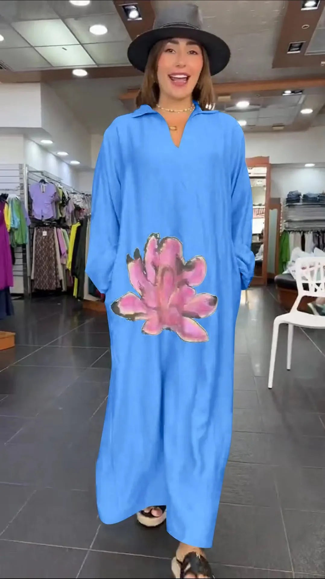 Loose Floral V-Neck Long-Sleeved Dress