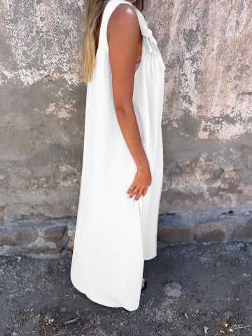 💕 Solid color dress for women with floral strap and U-neckline