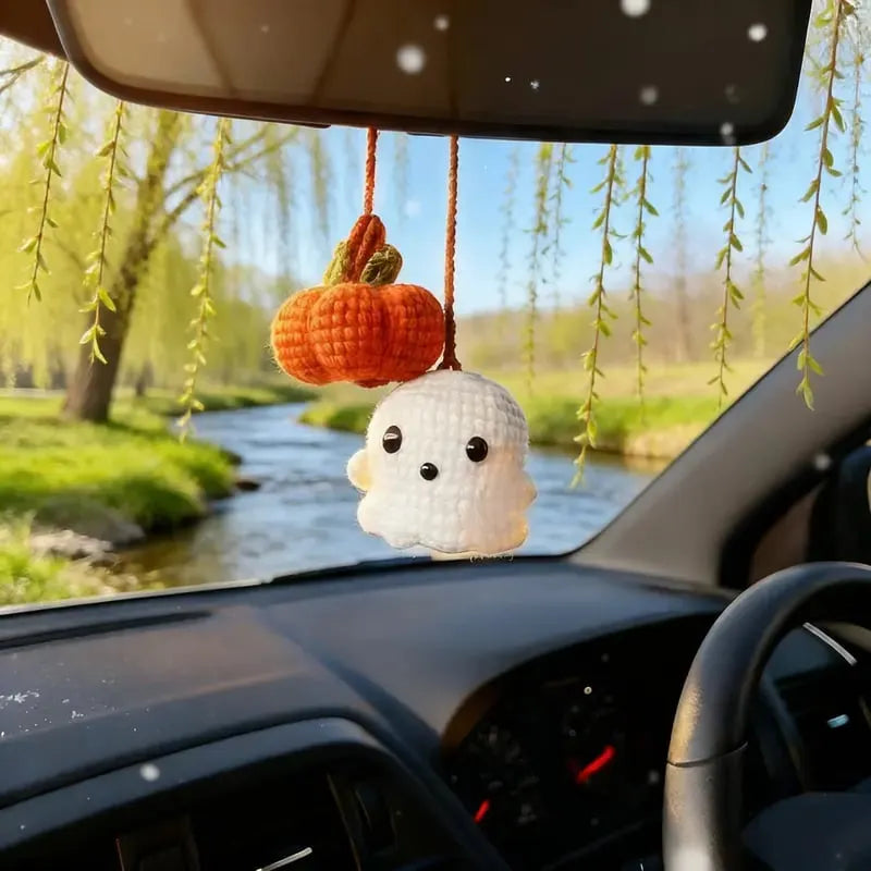 👻Crochet Ghost & Pumpkin Rear View Mirror Charm🎃Handmade Amigurumi Car Decor