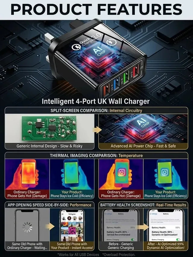 🎉Four-Port Travel Charger for Extended Phone Battery Life