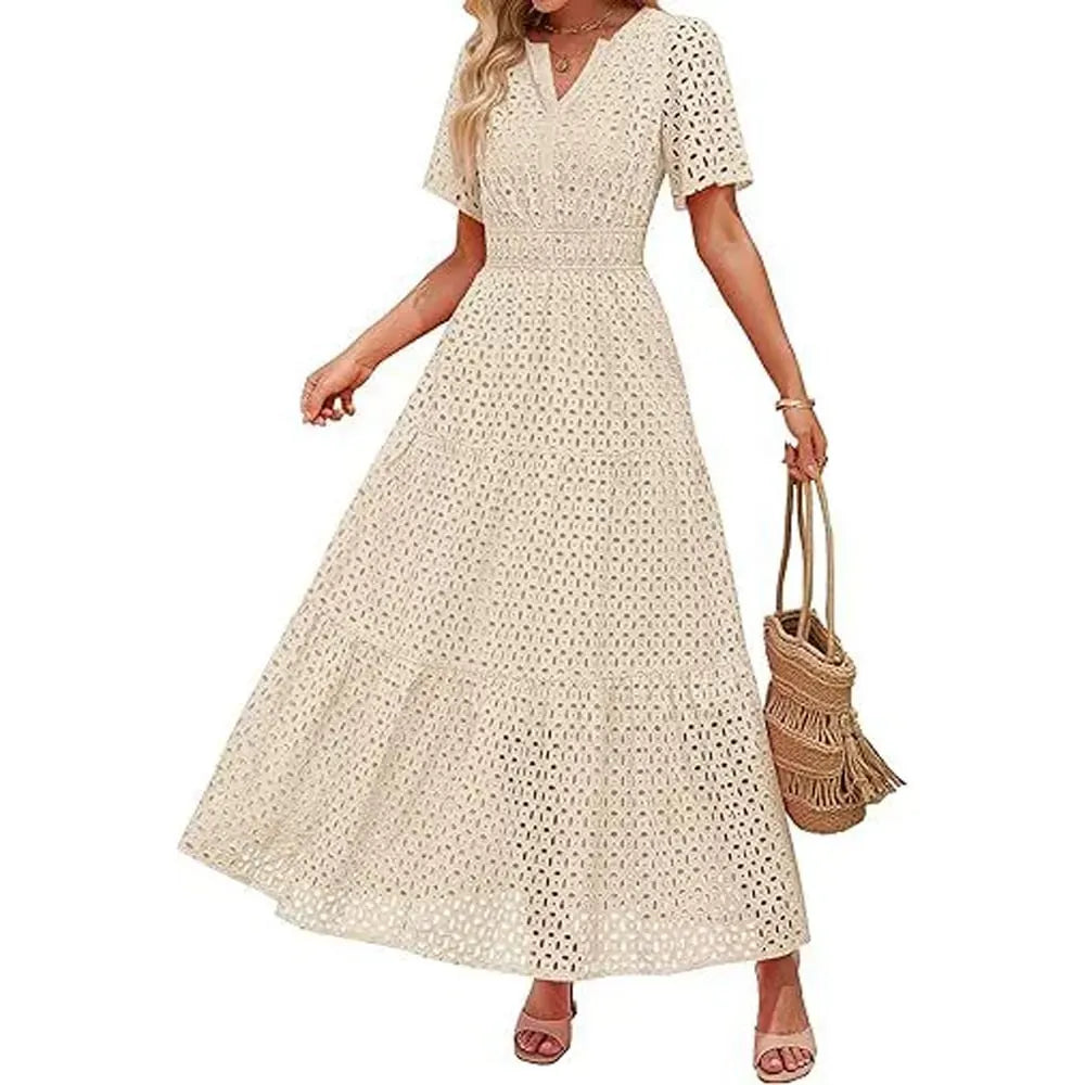 Womens Summer V Neck Maxi Dress Short Sleeve Hollow Out Flowy Beach Dress