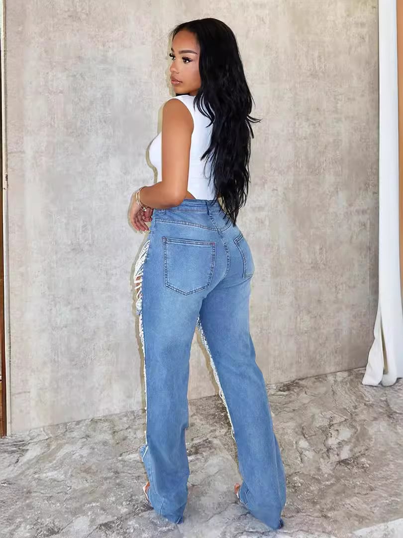 Free Shipping🔥 Stylish Multi-layered Pearl Chain Ripped Pocket Straight Jeans