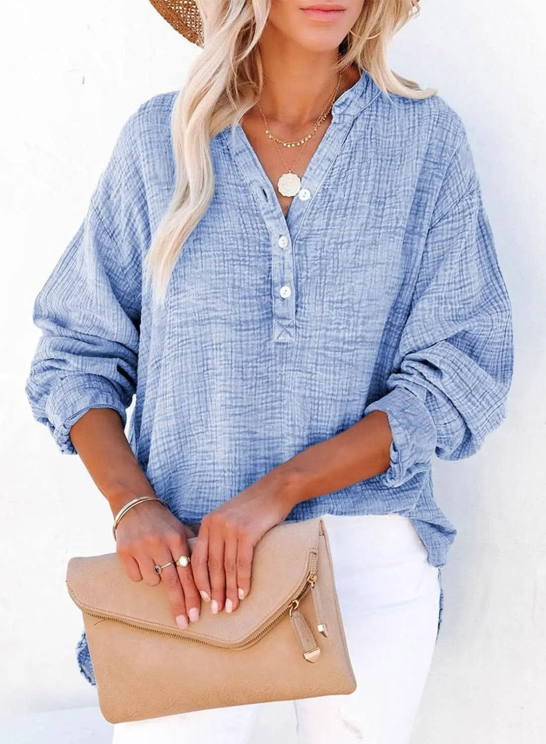 Women's Casual Gauze Button Down Neck Long Sleeve Oversized Top