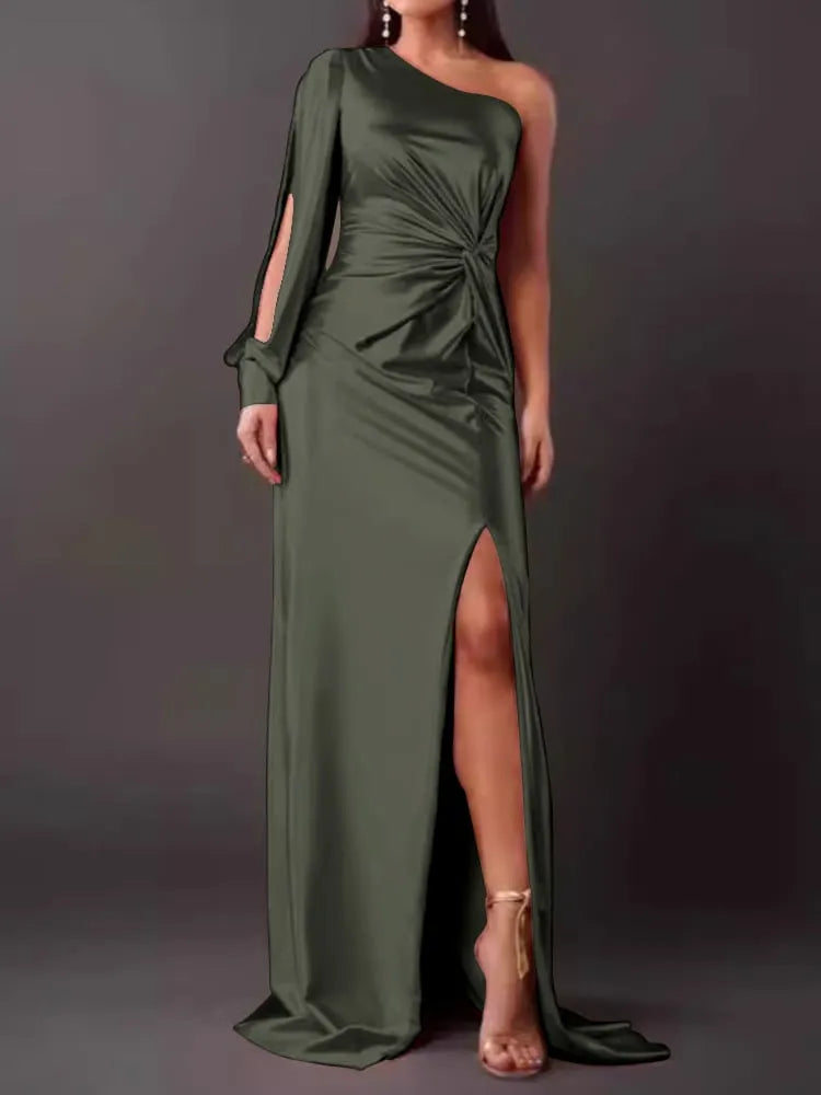 Slanted Collar Ruched Waist & Slit Sexy Long Dress