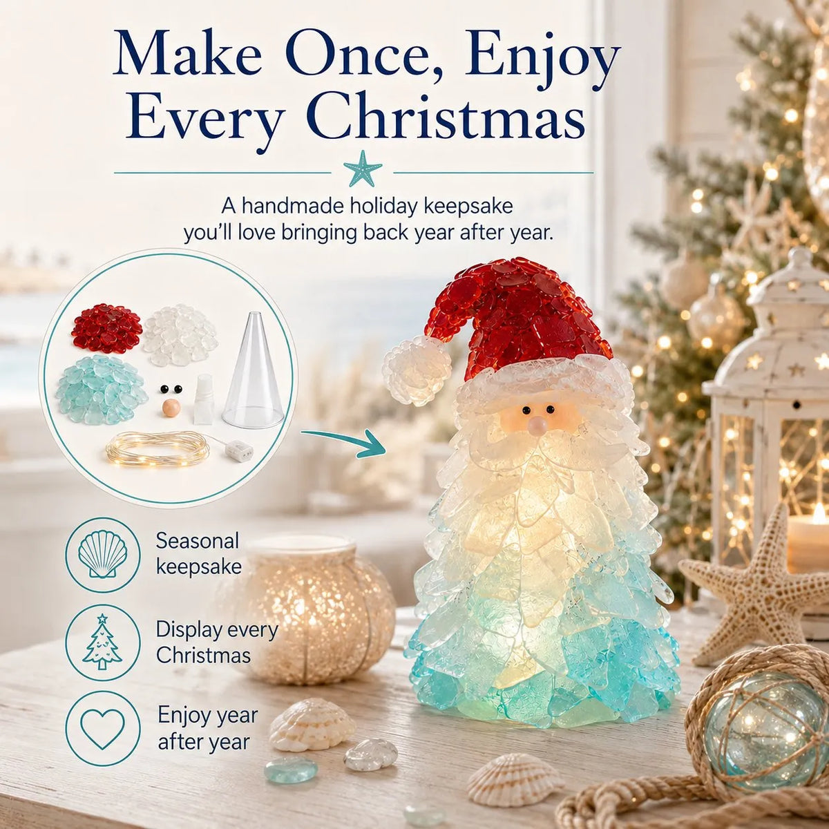 🎉🎅 Beginner-Friendly DIY Lighted Sea Glass Santa Christmas Decor Kit | Complete Kit with Sea Glass Pieces, Warm Fairy Lights & Step-by-Step Guide Included 💕