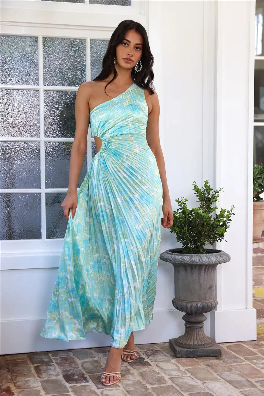 Stunning One - Shoulder Pleated Cut - Out Dress