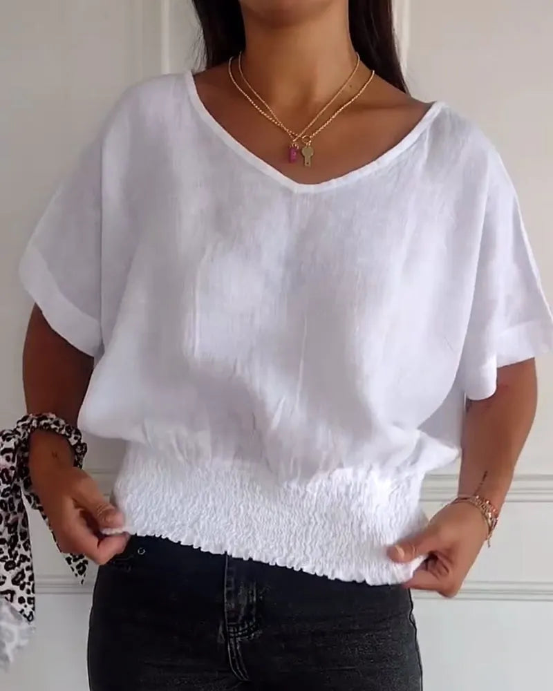 Simple solid color V-neck half-sleeve T-shirt