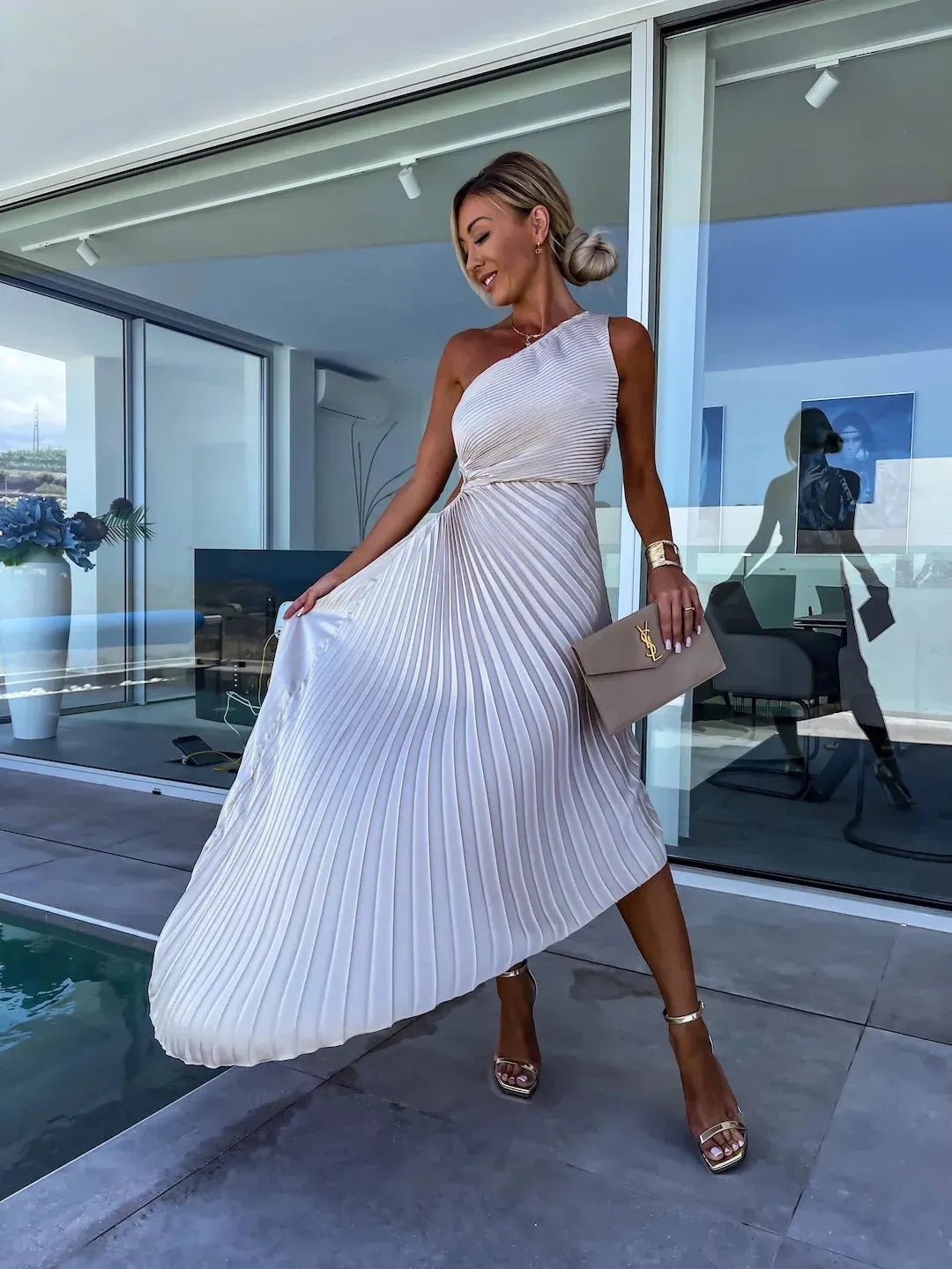 Stunning One - Shoulder Pleated Cut - Out Dress